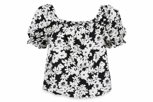 Marks and Spencer Womens Black Floral Viscose Basic Blouse Size 14 Square Neck