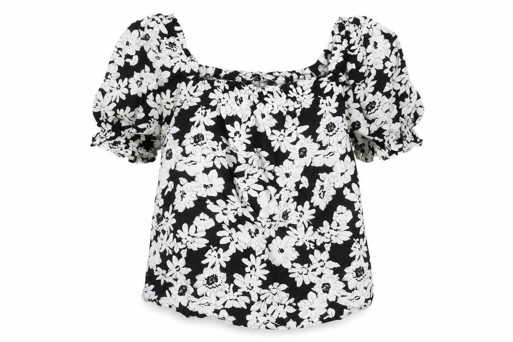 Marks & Spencer Womens Black Floral Viscose Basic Blouse Size 14 Square Neck