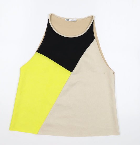 Zara Womens Beige Geometric Polyester Basic Tank Size M Round Neck
