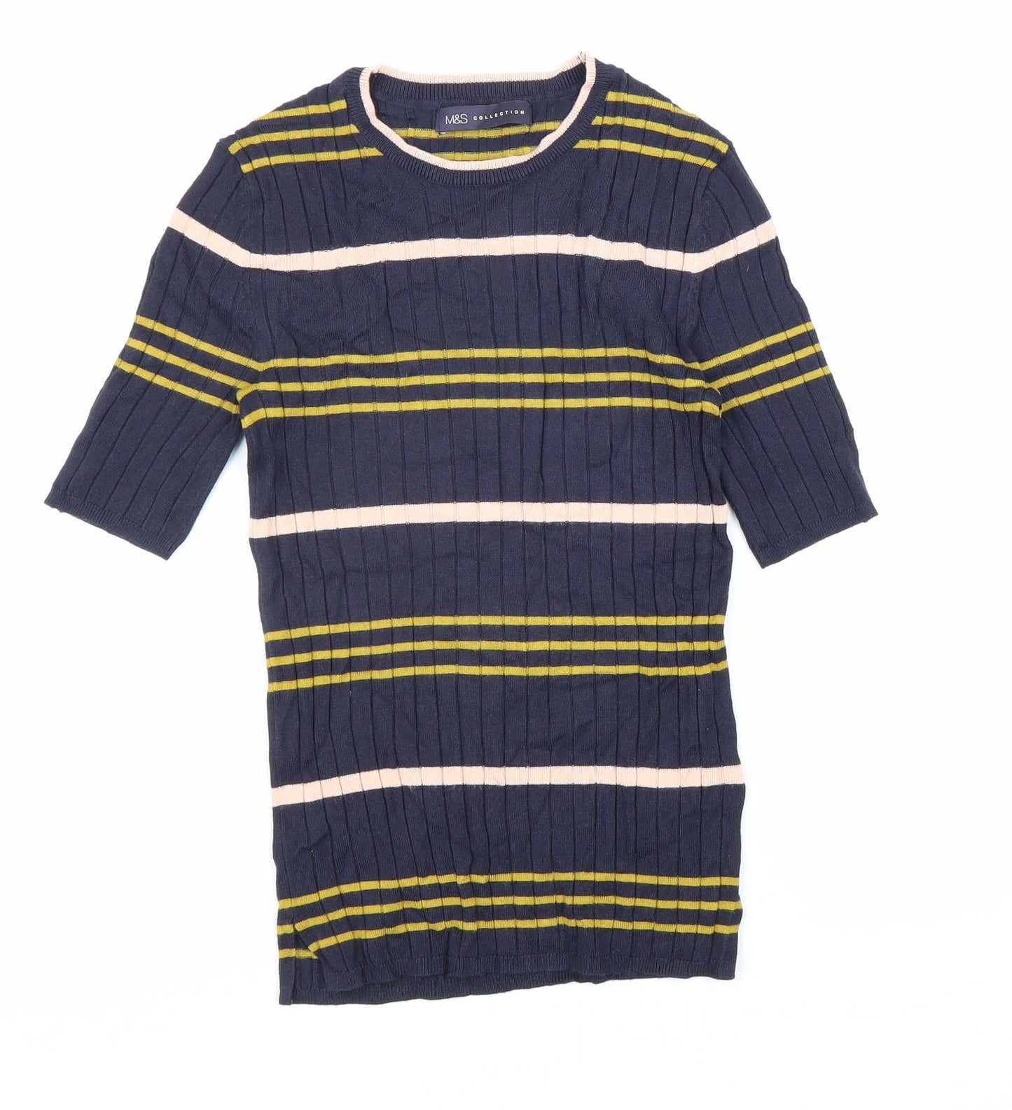 M&S Collection Womens Blue Striped Viscose Basic T-Shirt Size 6 Round Neck