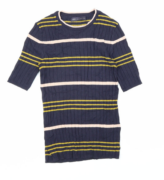 M&S Collection Womens Blue Striped Viscose Basic T-Shirt Size 6 Round Neck