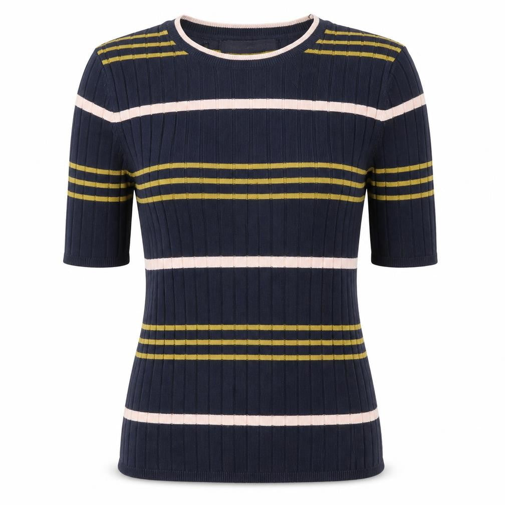 Marks & Spencer Collection Womens Blue Striped Viscose Basic T-Shirt Size 6 Round Neck
