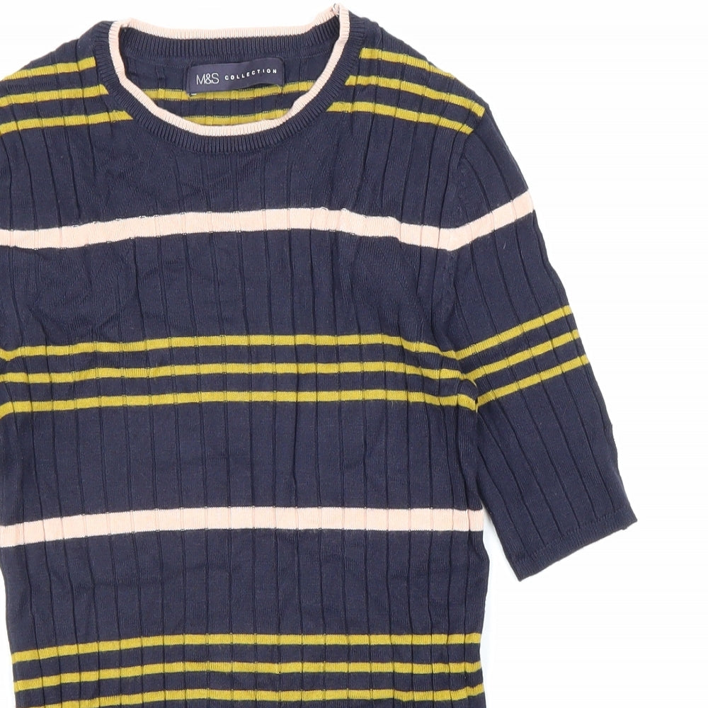 M&S Collection Womens Blue Striped Viscose Basic T-Shirt Size 6 Round Neck