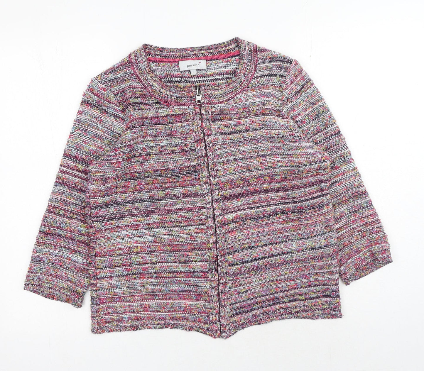 Marks and Spencer Womens Pink Scoop Neck Striped Acrylic Full Zip Jumper Size 12