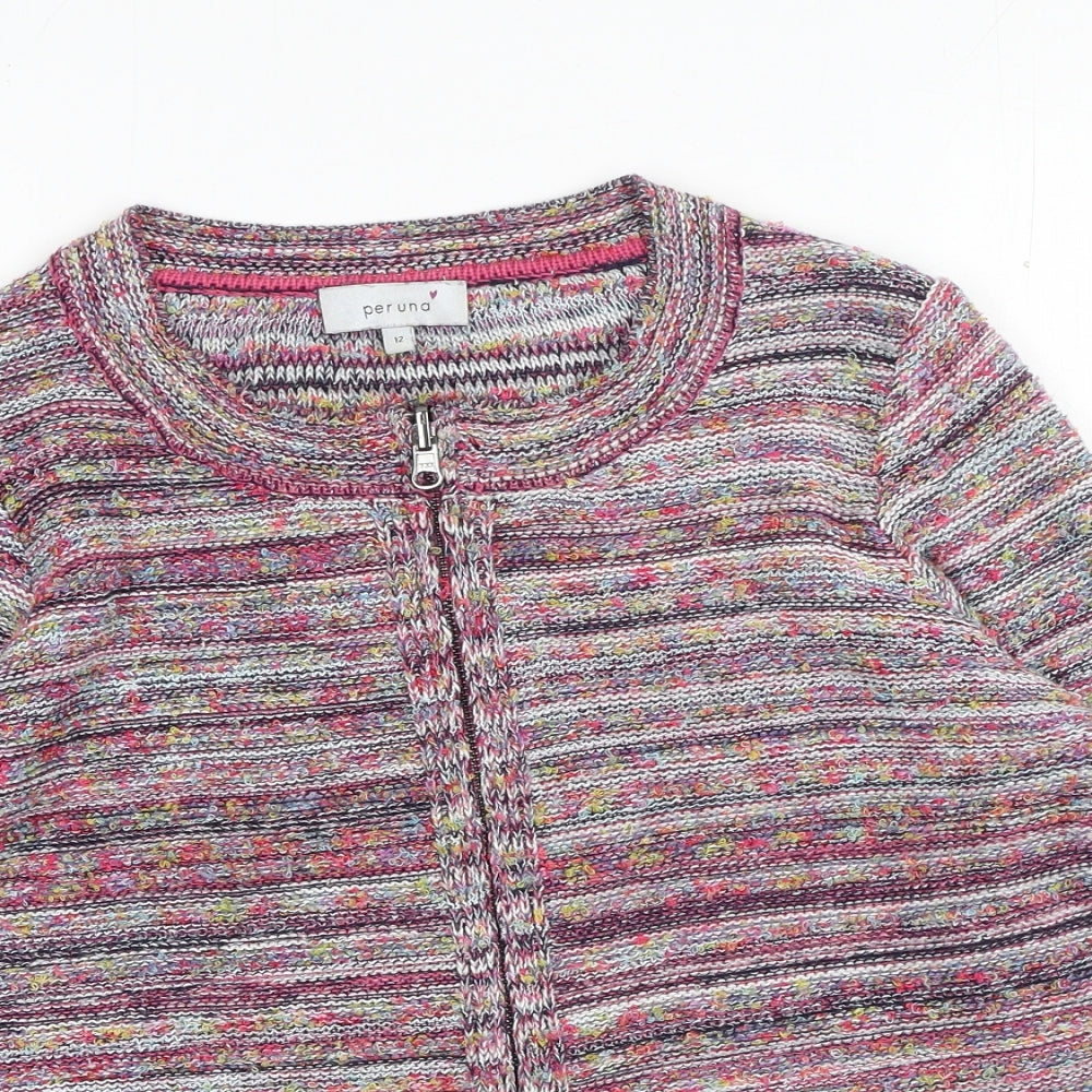 Marks and Spencer Womens Pink Scoop Neck Striped Acrylic Full Zip Jumper Size 12