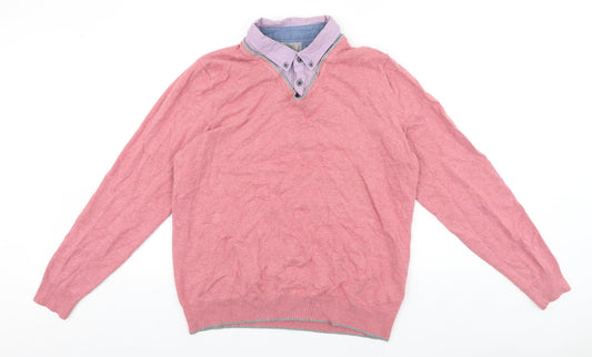 Marks and Spencer Womens Pink V-Neck Cotton Pullover Jumper Size M - Built in Shirt
