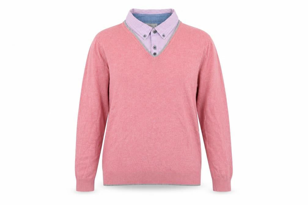 Marks & Spencer Womens Pink V-Neck Cotton Pullover Jumper Size M - Built in Shirt