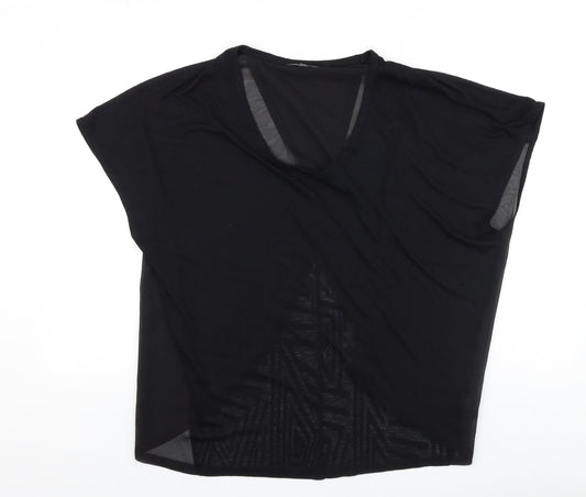 Limited collection Womens Black Striped Viscose Basic T-Shirt Size 12 Scoop Neck - Wrap Back Detail