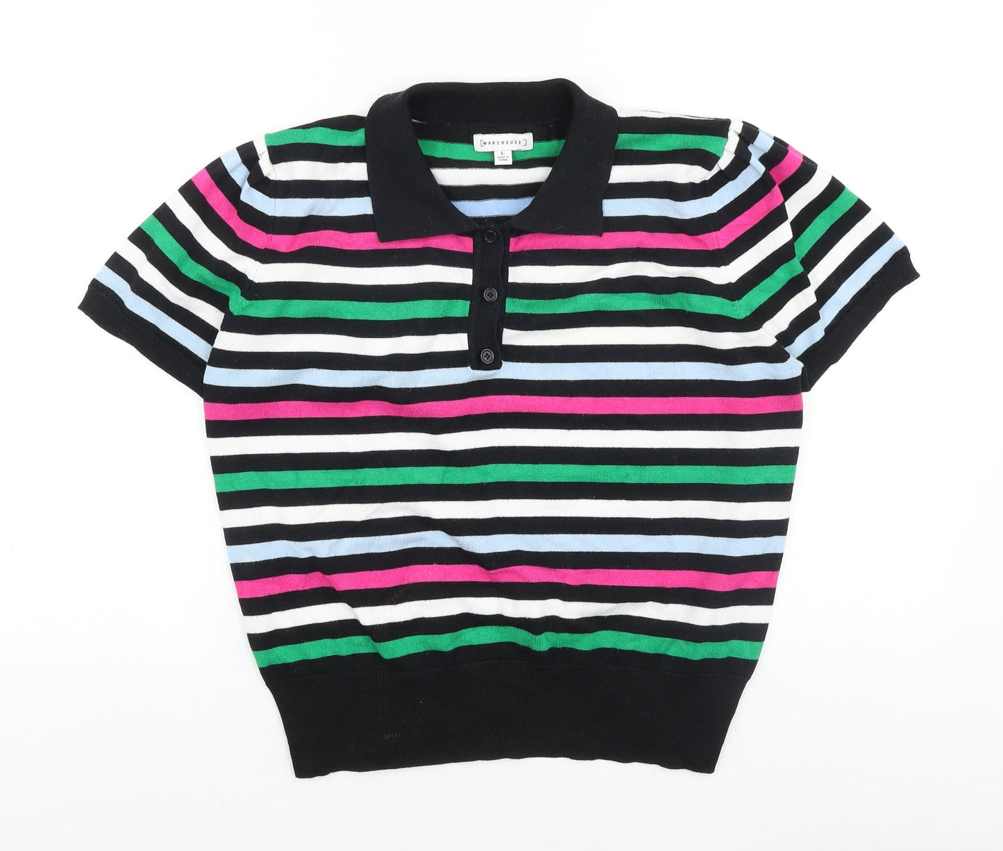Warehouse Womens Black Striped 100% Cotton Basic Polo Size L V-Neck