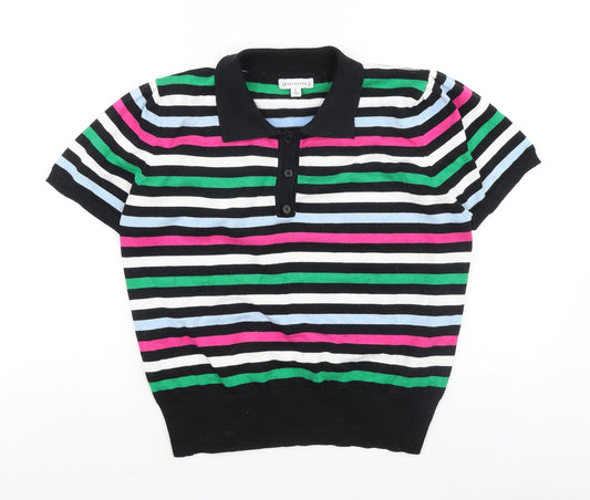 Warehouse Womens Black Striped 100% Cotton Basic Polo Size L V-Neck