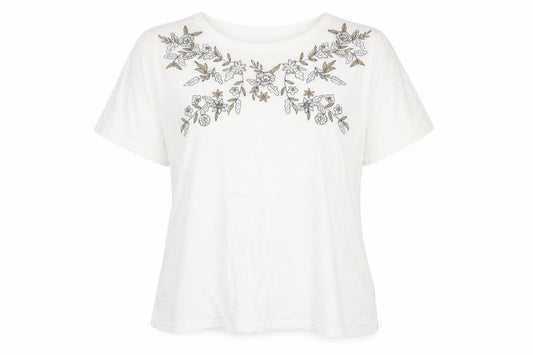 EWM Womens White Floral 100% Cotton Basic T-Shirt Size M Scoop Neck