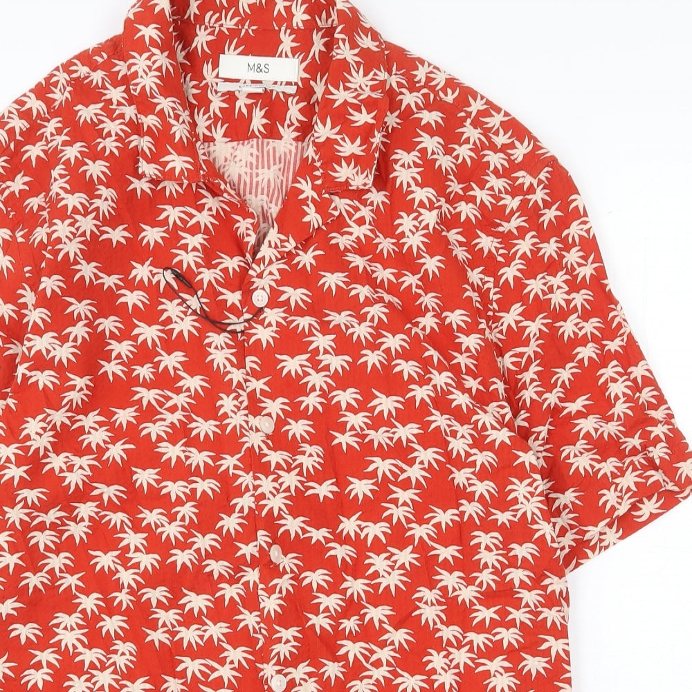 Marks and Spencer Mens Red Geometric Cotton Button-Up Size S Collared Button