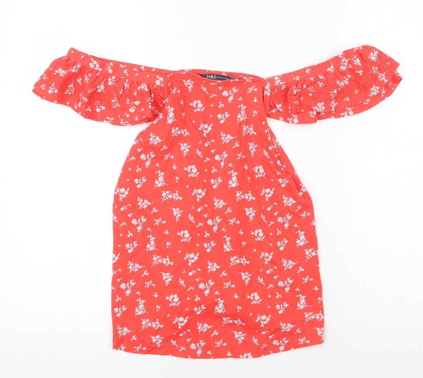 Marks and Spencer Womens Red Geometric 100% Cotton Basic Blouse Size 8 Off the Shoulder