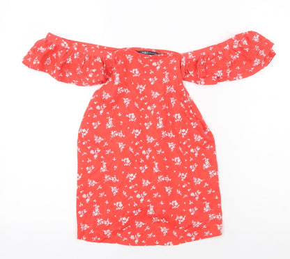 Marks & Spencer Womens Red Geometric 100% Cotton Basic Blouse Size 8 Off the Shoulder