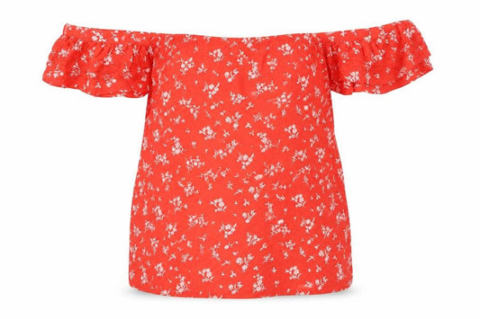 Marks and Spencer Womens Red Geometric 100% Cotton Basic Blouse Size 8 Off the Shoulder
