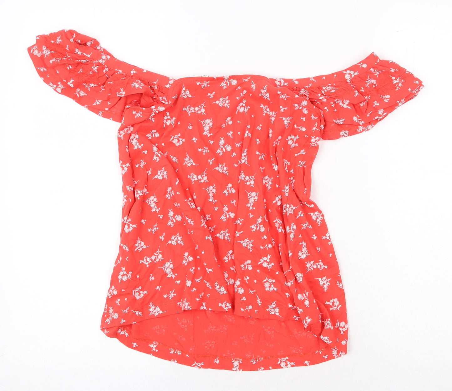 Marks and Spencer Womens Red Geometric 100% Cotton Basic Blouse Size 8 Off the Shoulder