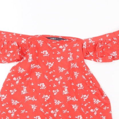 Marks & Spencer Womens Red Geometric 100% Cotton Basic Blouse Size 8 Off the Shoulder