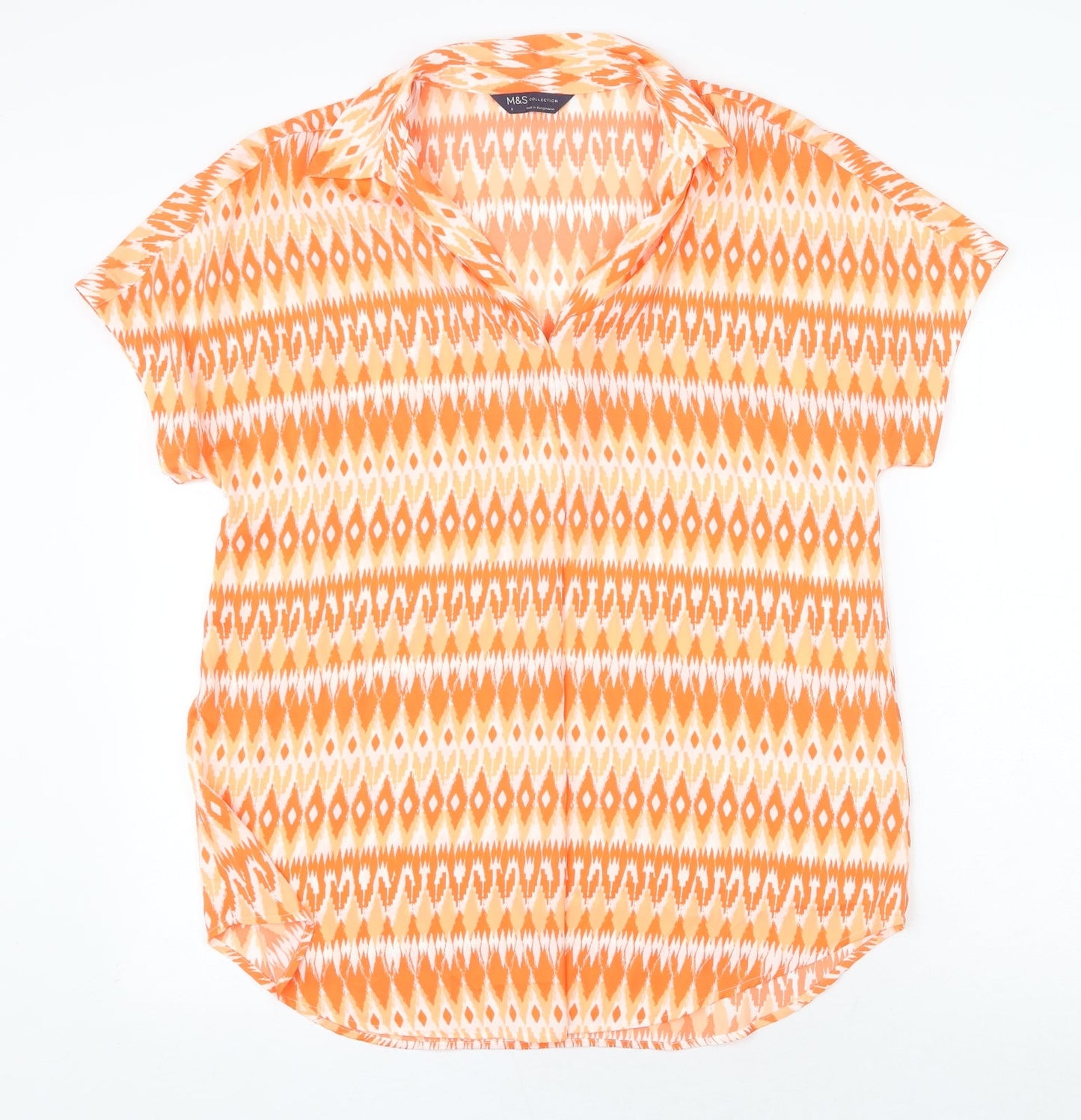 Marks and Spencer Womens Orange Geometric Polyester Basic Blouse Size 8 V-Neck