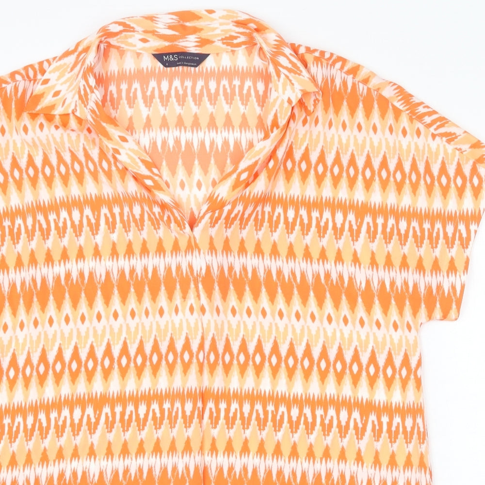 Marks and Spencer Womens Orange Geometric Polyester Basic Blouse Size 8 V-Neck
