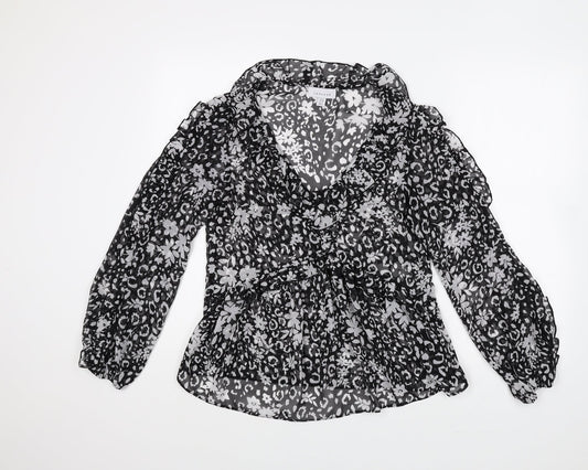 Topshop Womens Black Floral Polyester Basic Blouse Size 8 V-Neck