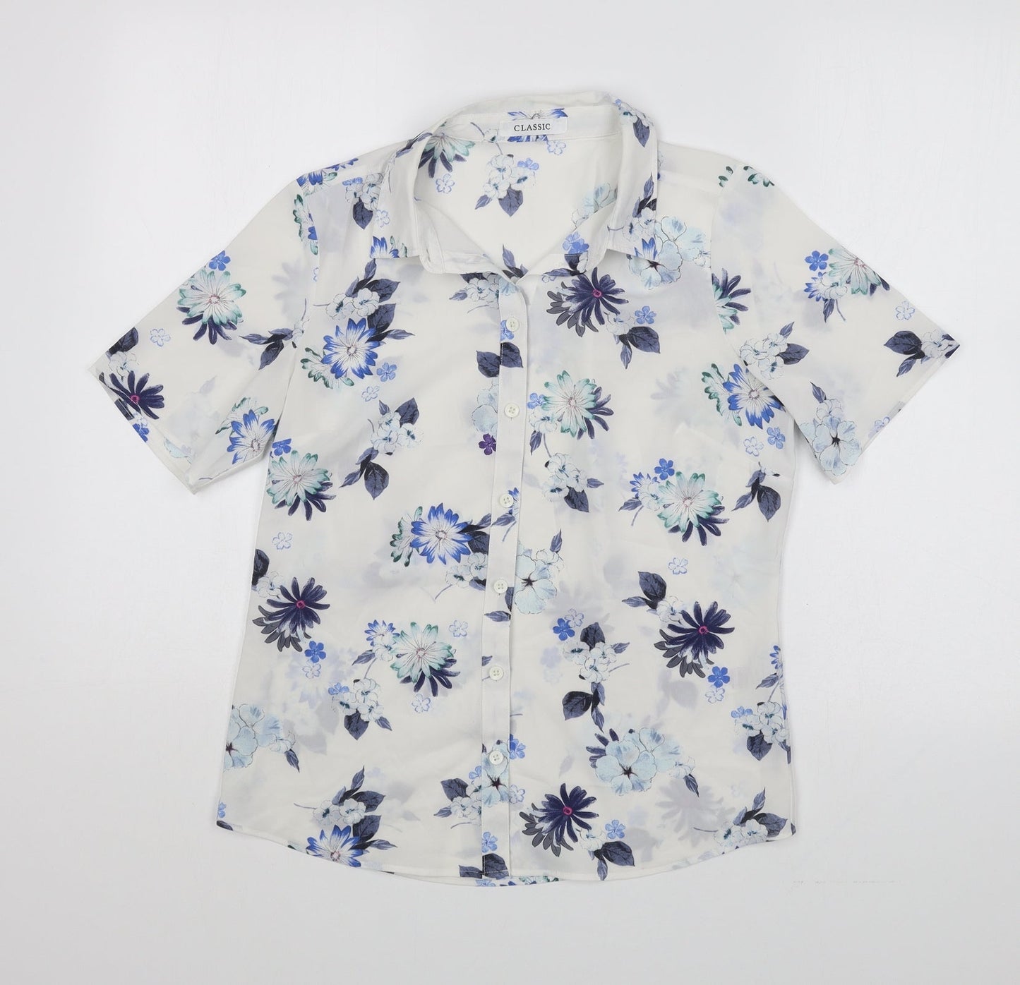 Marks and Spencer Womens White Floral Polyester Basic Button-Up Size S Collared
