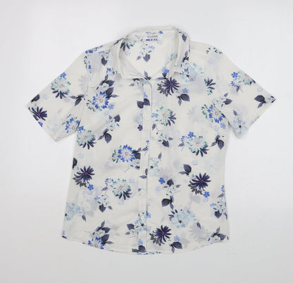 Marks & Spencer Womens White Floral Polyester Basic Button-Up Size S Collared