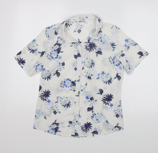 Marks and Spencer Womens White Floral Polyester Basic Button-Up Size S Collared
