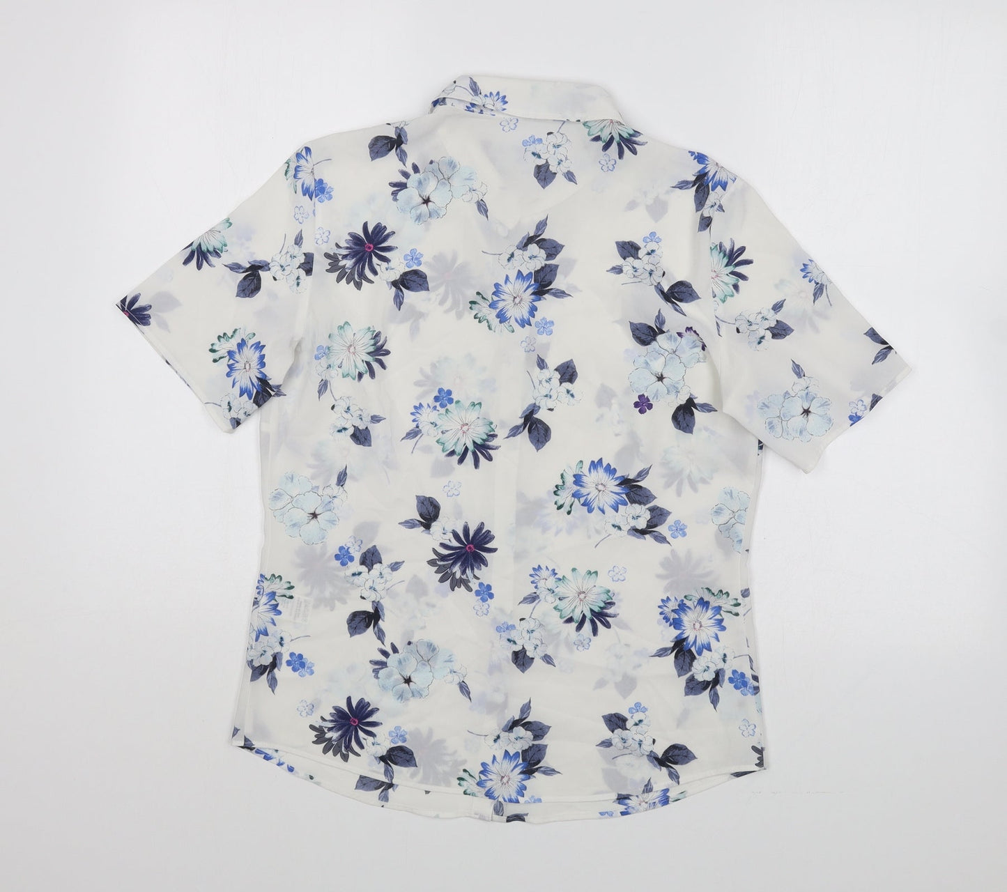 Marks and Spencer Womens White Floral Polyester Basic Button-Up Size S Collared