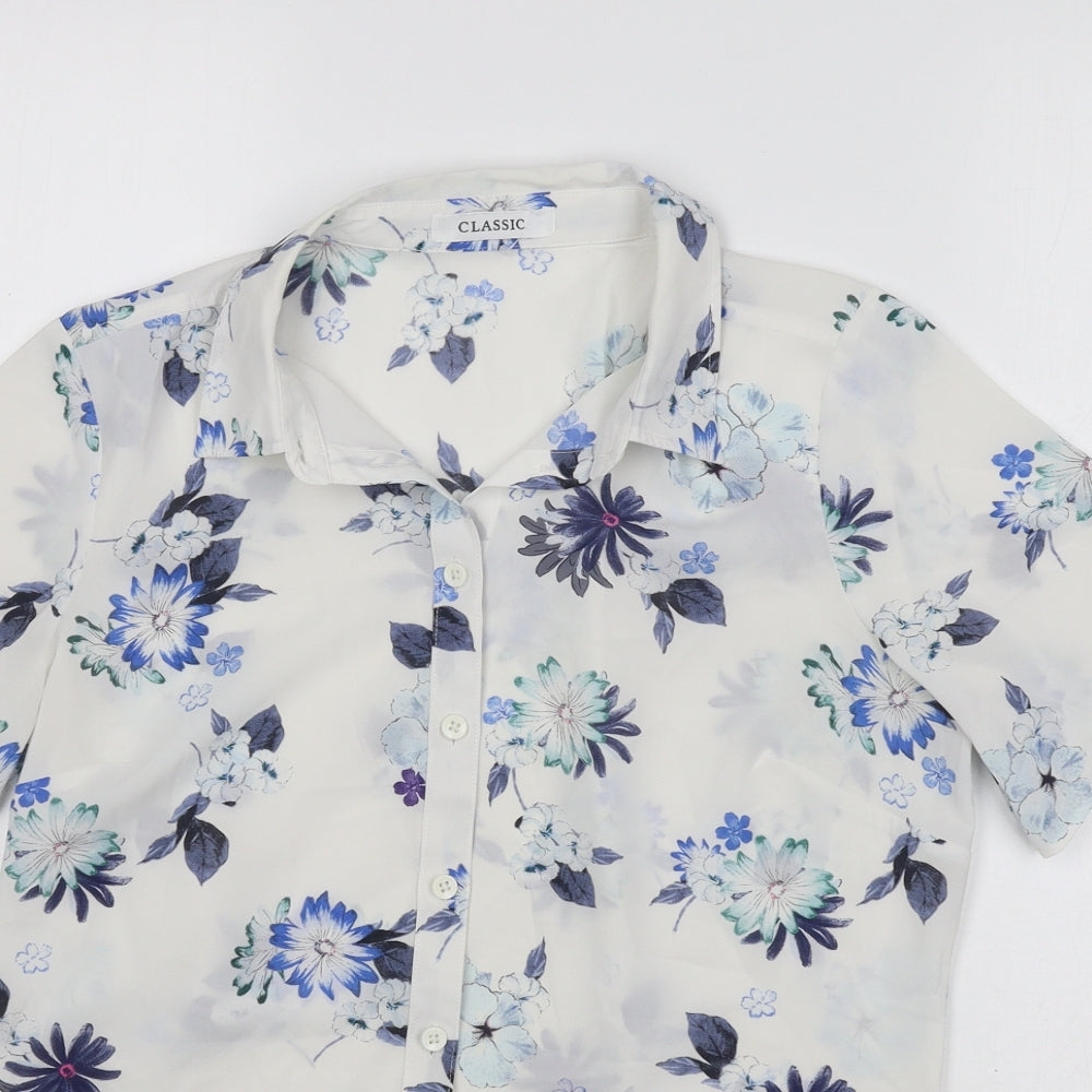 Marks and Spencer Womens White Floral Polyester Basic Button-Up Size S Collared