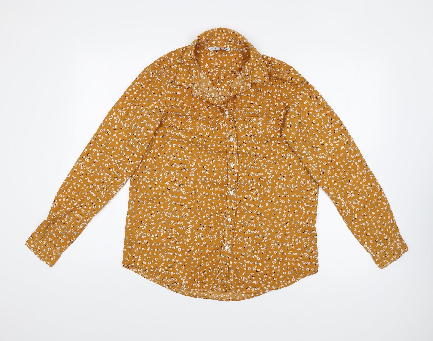 Lefties Womens Orange Floral Polyester Basic Button-Up Size S Collared