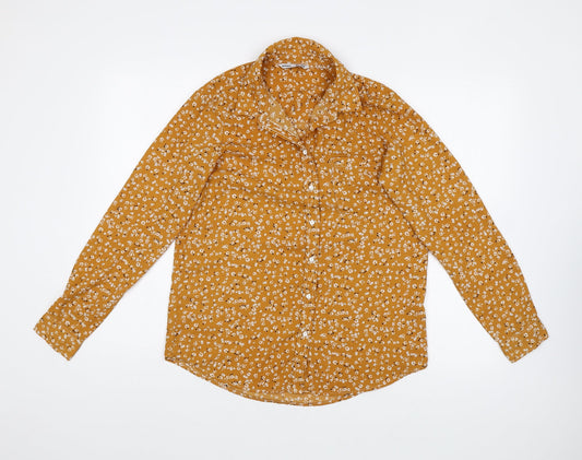 Lefties Womens Orange Floral Polyester Basic Button-Up Size S Collared