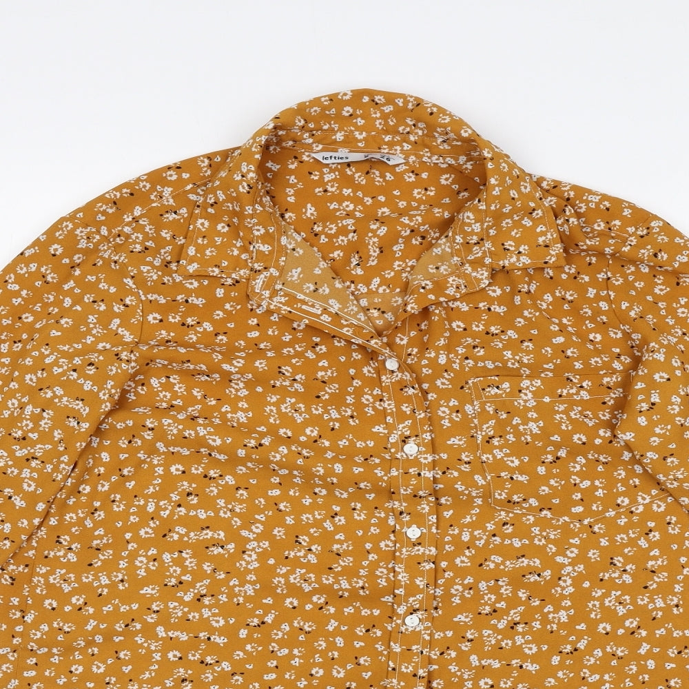 Lefties Womens Orange Floral Polyester Basic Button-Up Size S Collared