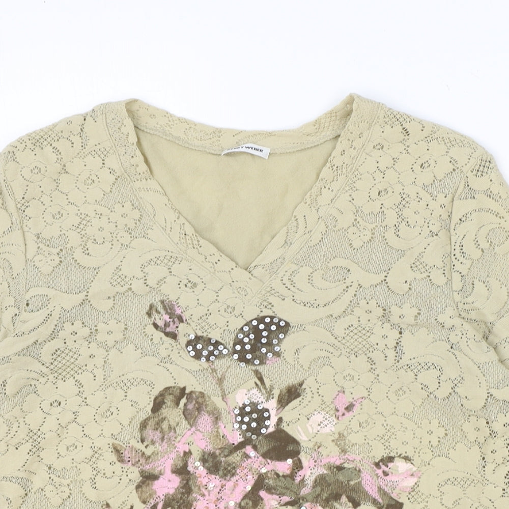 Gerry Weber Womens Beige Geometric Polyester Basic T-Shirt Size 14 V-Neck