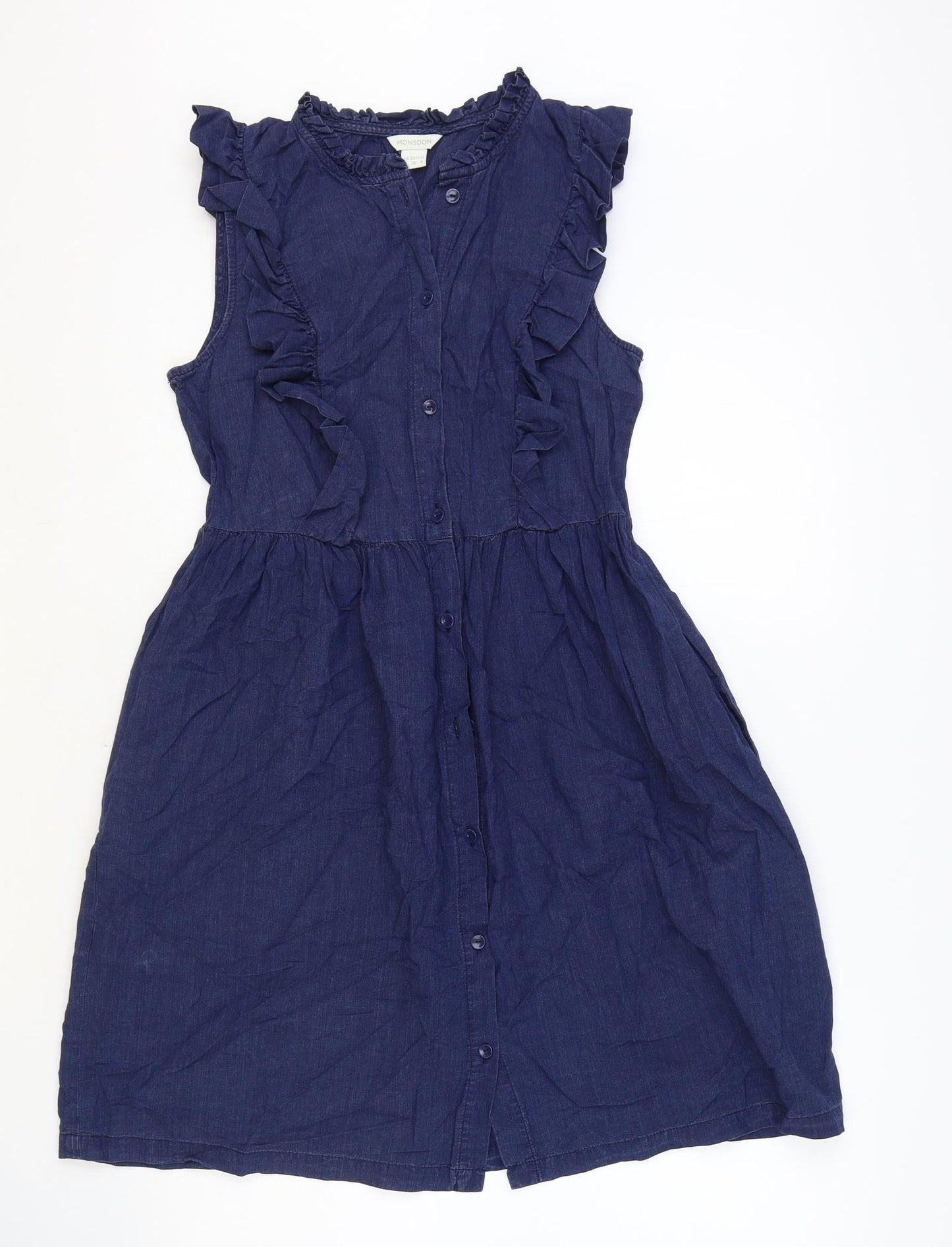 Monsoon Womens Blue Herringbone 100% Cotton Fit & Flare Size 8 V-Neck Button