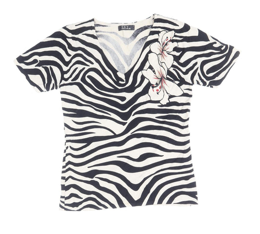 Sky Designs Womens Black Animal Print Viscose Basic T-Shirt Size 8 V-Neck - Zebra Print