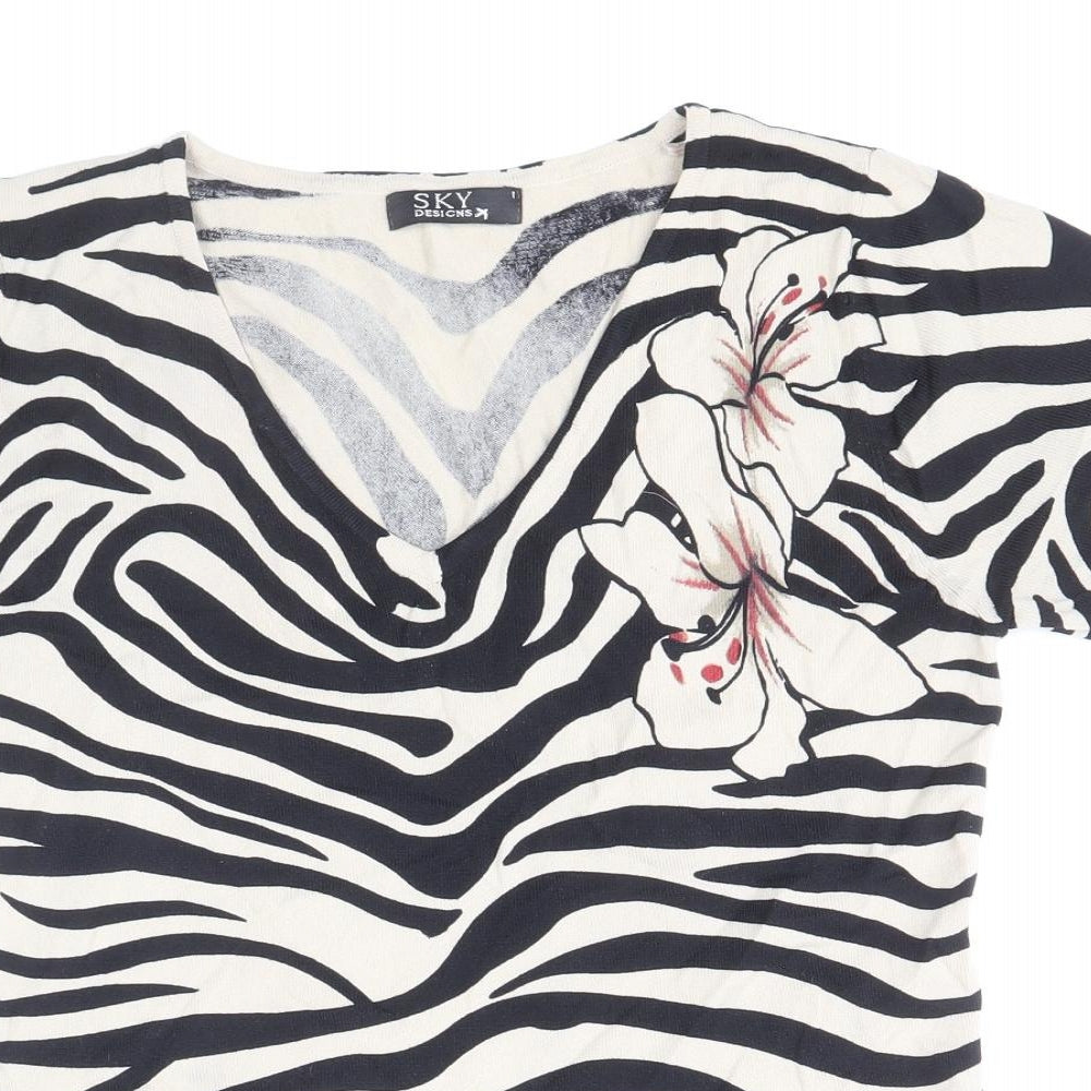 Sky Designs Womens Black Animal Print Viscose Basic T-Shirt Size 8 V-Neck - Zebra Print