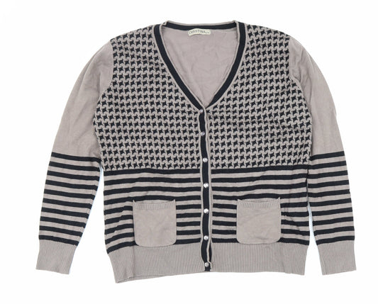 Christina Womens Beige V-Neck Geometric Viscose Cardigan Jumper Size XL