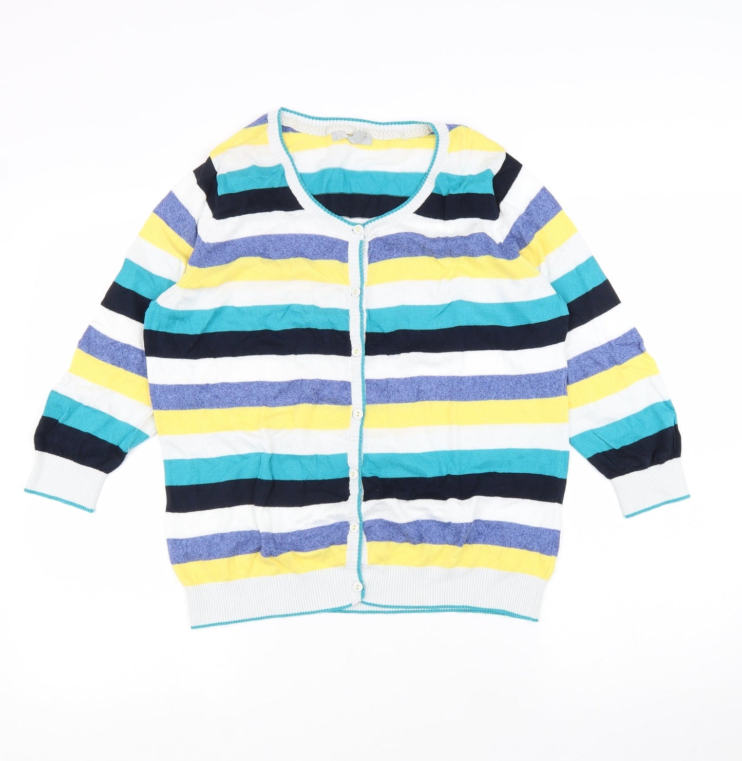 Per Una Womens Multicoloured Scoop Neck Striped 100% Cotton Cardigan Jumper Size 16