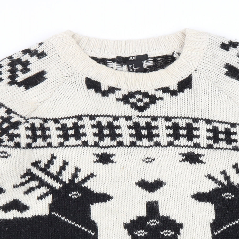 H&M Womens Beige Round Neck Geometric Acrylic Pullover Jumper Size S