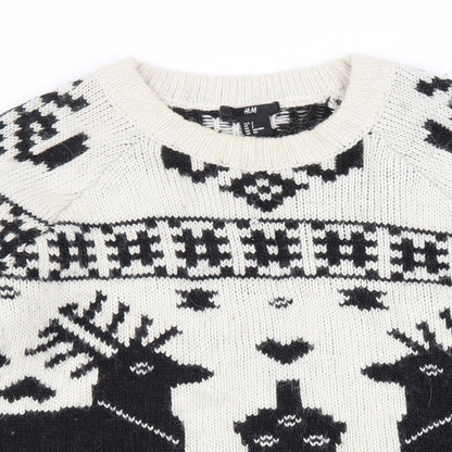 H&M Womens Beige Round Neck Geometric Acrylic Pullover Jumper Size S