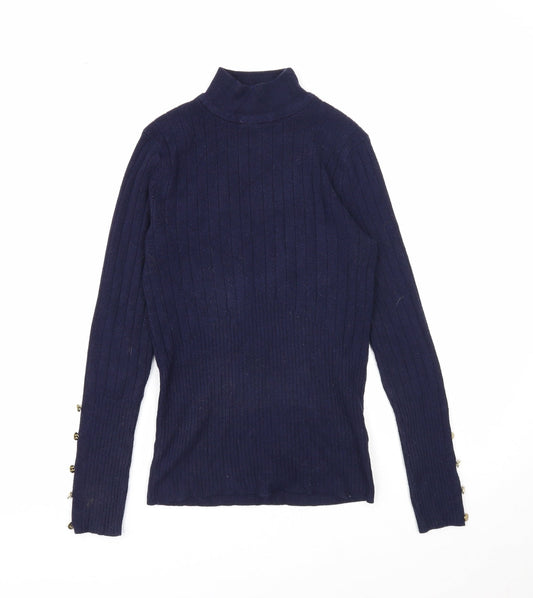 Marks and Spencer Womens Blue High Neck Viscose Pullover Jumper Size 6 - Ribbed