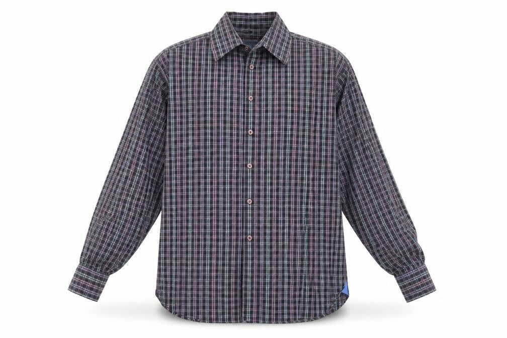 Haines & Bonner Mens Black Plaid Cotton Button-Up Size L Collared Button