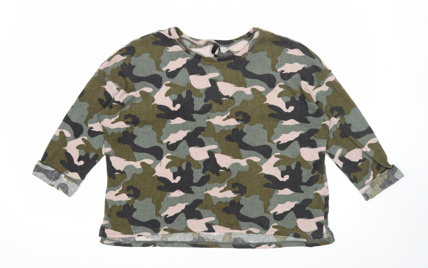 Divided Womens Green Scoop Neck Camouflage Polyester Pullover Jumper Size M - Ribbed