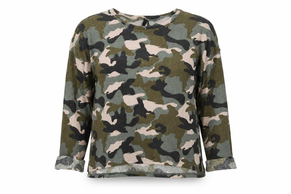 Divided Womens Green Scoop Neck Camouflage Polyester Pullover Jumper Size M - Ribbed