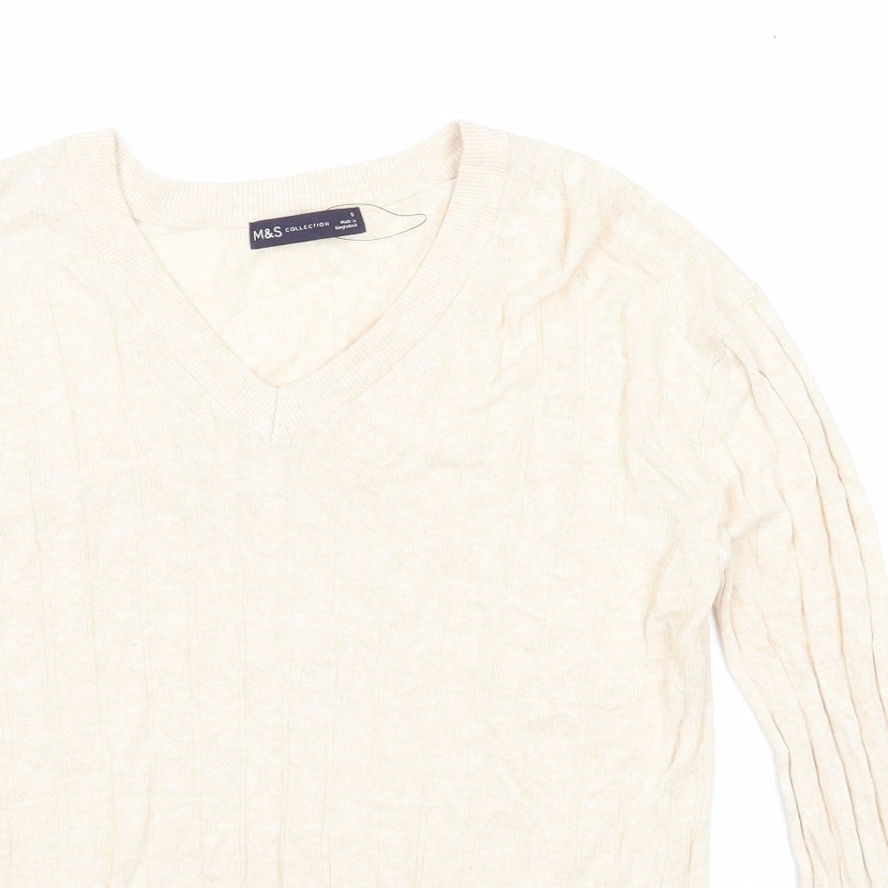 Marks and Spencer Womens Beige V-Neck Viscose Pullover Jumper Size S