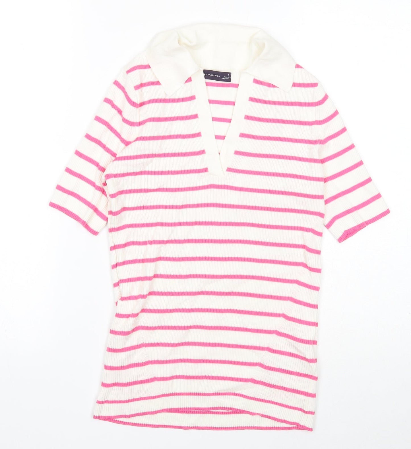 Marks and Spencer Womens White Collared Striped Cotton Pullover Jumper Size S