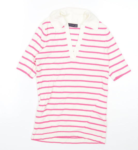 Marks and Spencer Womens White Collared Striped Cotton Pullover Jumper Size S