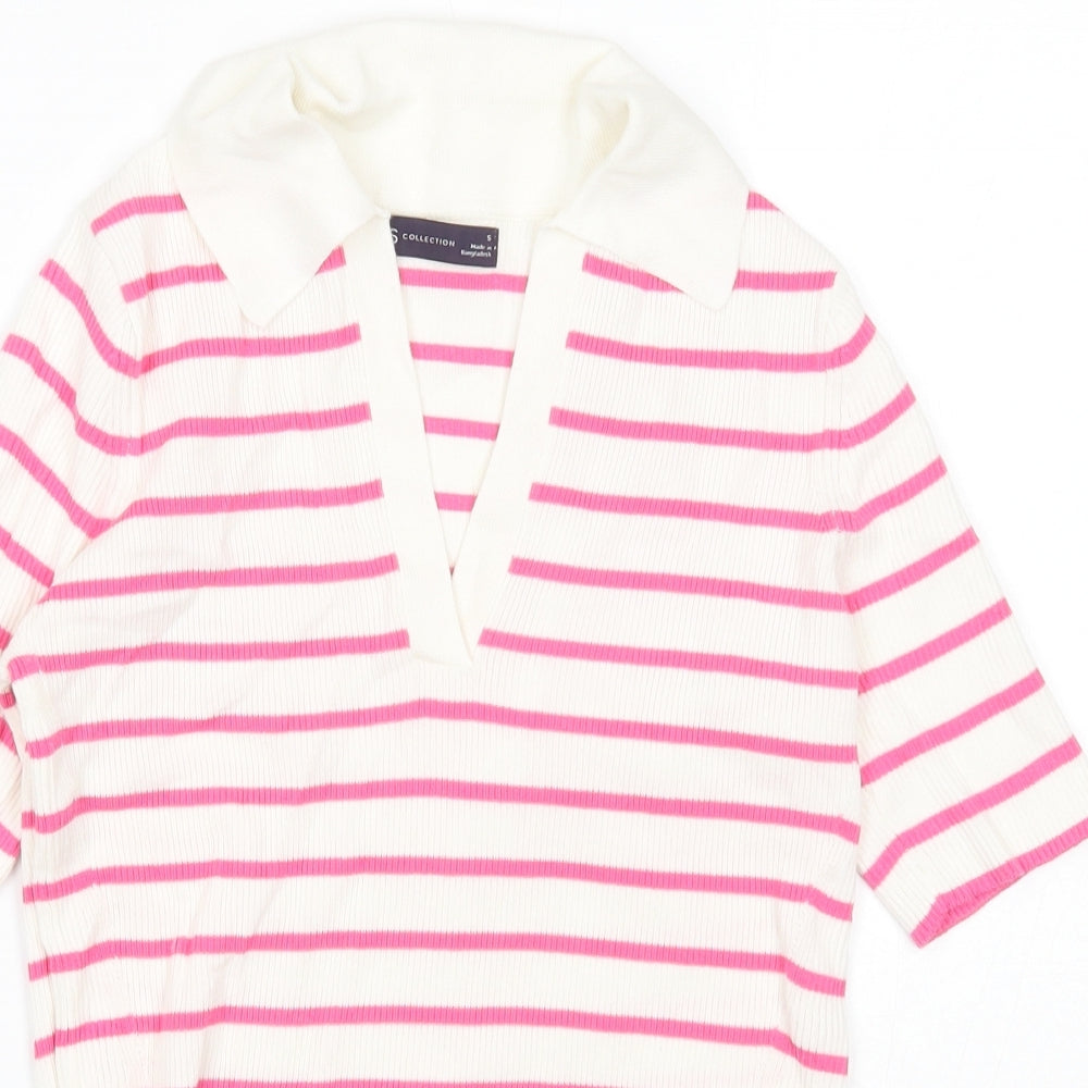 Marks and Spencer Womens White Collared Striped Cotton Pullover Jumper Size S