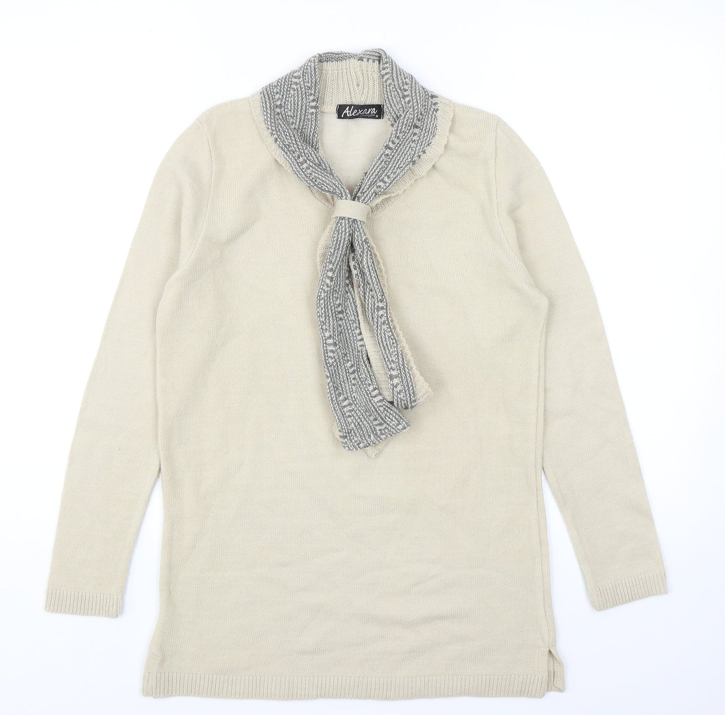 Alexara Womens Beige Round Neck Acrylic Pullover Jumper Size M - Scarf Neck Detail