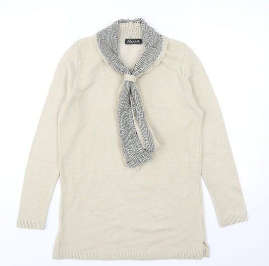 Alexara Womens Beige Round Neck Acrylic Pullover Jumper Size M - Scarf Neck Detail